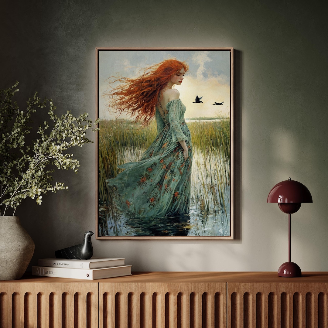 Designart  Folk Art Needlepoint Tapestry Woman In Red Dress Green Canvas Wall Framed 15x18 main image 2