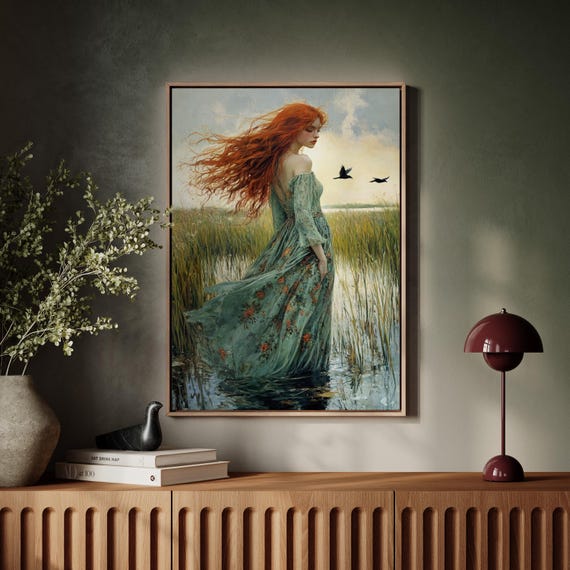 Red Haired Woman in Green Dress Canvas Art, Dreamy Marshland Painting, Vintage Cottagecore Wall Art for Nature Lovers and Boho Decor - Etsy Red Haired Woman in Green Dress Canvas Art, Dreamy Marshland Painting, Vintage Cottagecore Wall Art for Nature Lovers and Boho Decor - Etsy