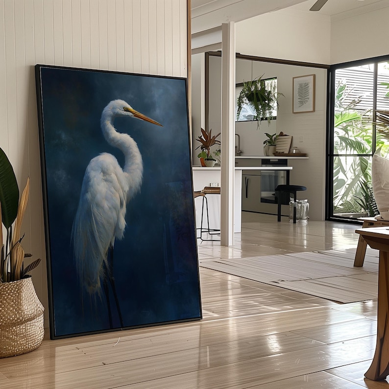 Elegant White Egret Wall Art | Moody Coastal Bird Portrait With Deep ...
