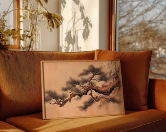 Japanese Pine Tree Canvas Art, Zen Ink Painting Wall Decor, Minimalist Nature Print, Asian Style Home Decor, Wabi Sabi Landscape Art