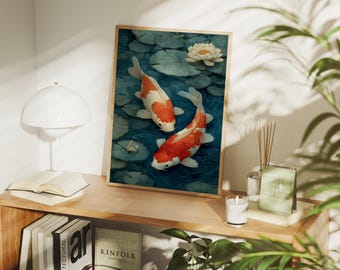 May include: A framed art print featuring two koi fish swimming in a pond with lily pads and a white lotus flower. The koi fish are orange and white, set against a blue and green background.