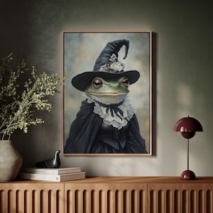 Whimsical Witch Frog Wall Art – Enchanted Frog in Black Gown and Hat with Roses, Cottagecore Halloween Canvas for Fantasy Home Decor