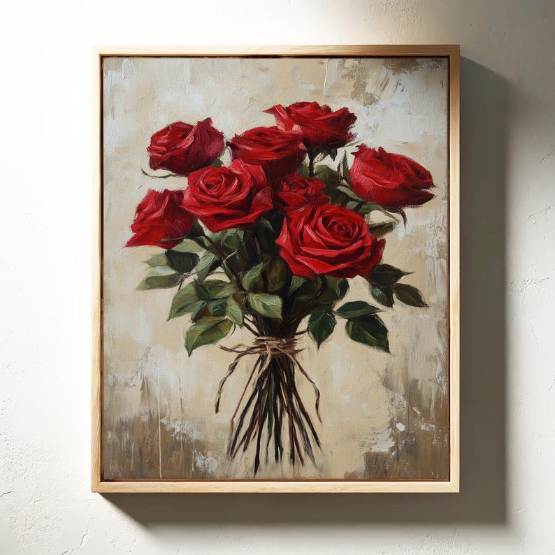 Red Rose Bouquet Canvas Wall Art - Romantic Floral Painting, Rustic ...