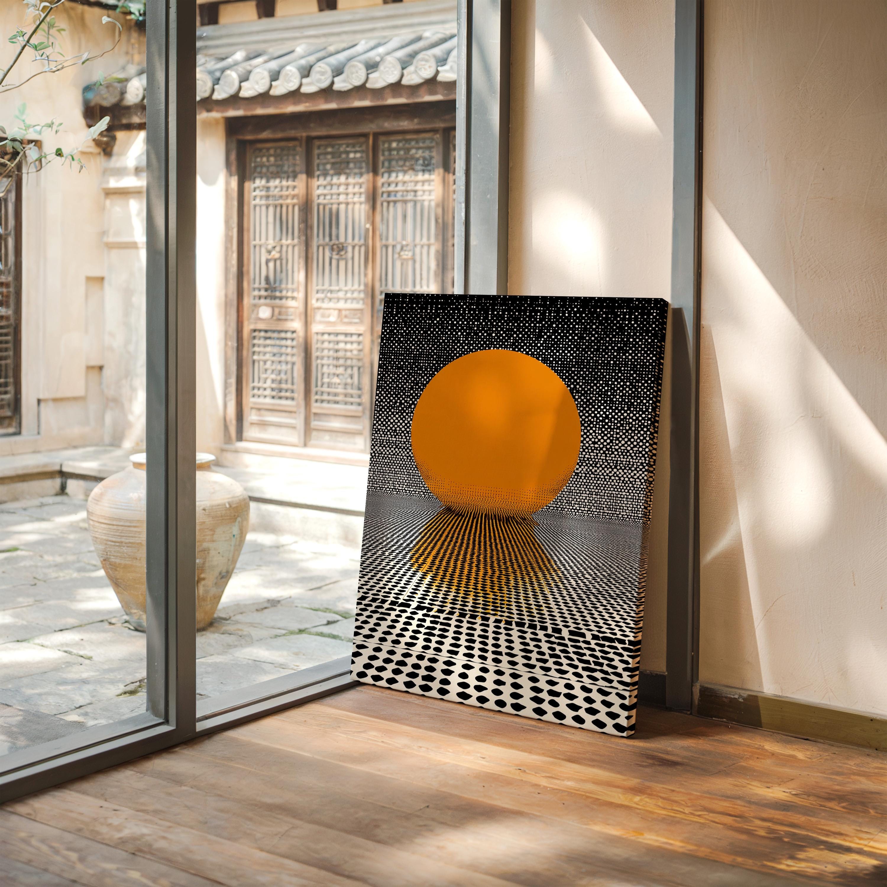 モダンポップアートの太陽 | 大胆なオレンジ色の円と黒いドット模様