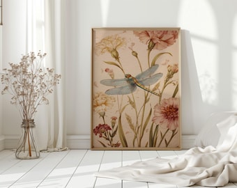 Botanical Dragonfly Wall Art, Vintage Dragonfly Illustration With Carnation Flowers, Nature Inspired Canvas Artwork For Home Décor