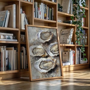 Oyster Shell Canvas Wall Art, Coastal Kitchen Seafood Decor, Rustic Beach House Oyster Painting, Nautical Vintage Style Coastal Print