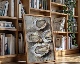 Oyster Shell Canvas Wall Art, Coastal Kitchen Seafood Decor, Rustic Beach House Oyster Painting, Nautical Vintage Style Coastal Print