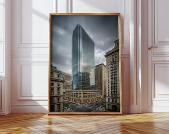 Arte mural de paisaje urbano de rascacielos modernos, impresión en lienzo de torre de cristal contemporánea, obra de arte de horizonte de arquitectura urbana para oficina o hogar