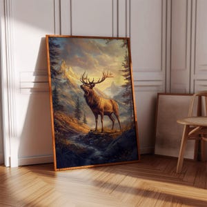 Majestic Elk in Mountain Sunset - Wildlife Wall Art, Rustic Cabin Decor, Nature Canvas Print, Western Wilderness Painting
