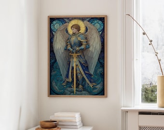 青と金の鎧をまとった大天使ミカエルの神聖な芸術 - Etsy 日本