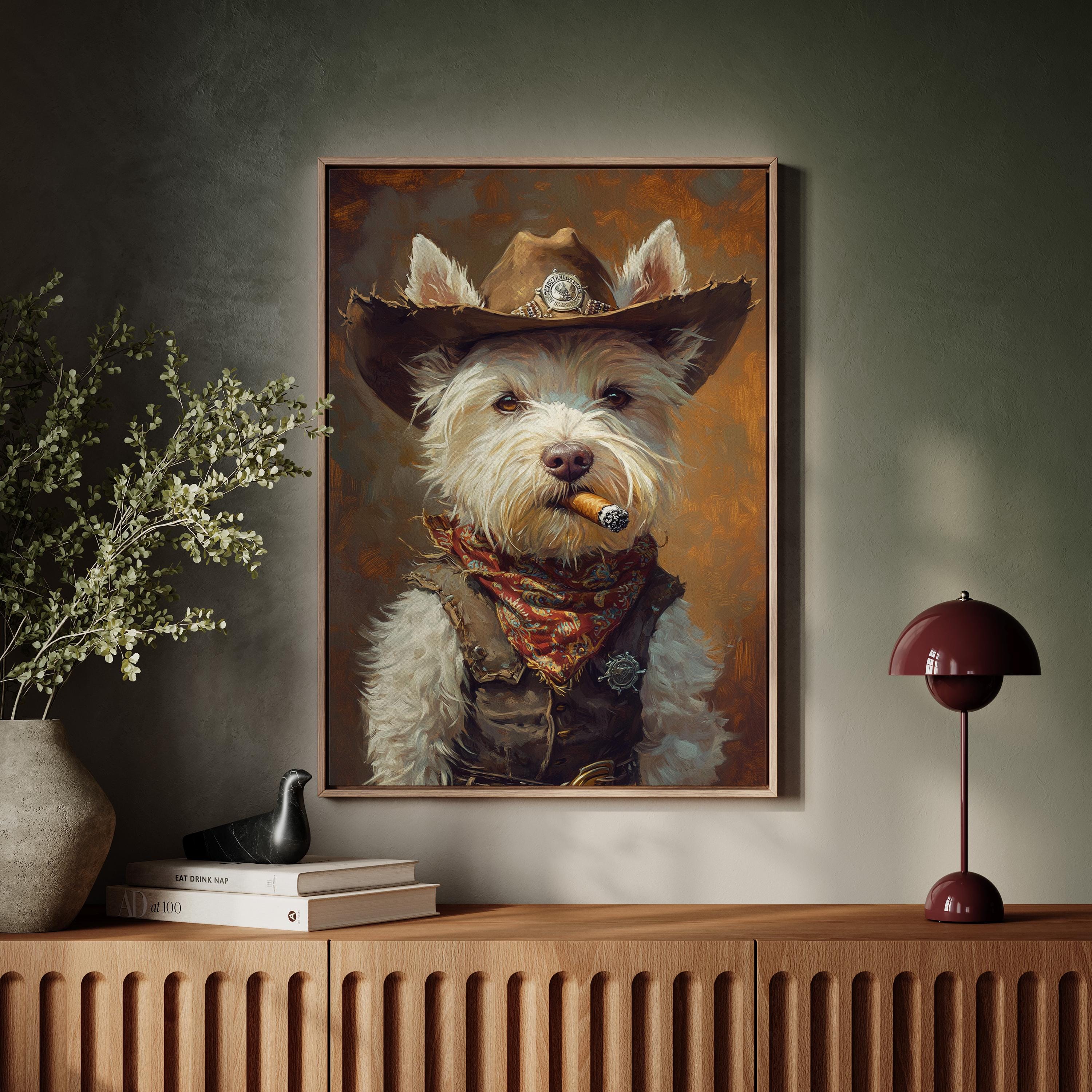 Cowboy Westie Dog Canvas Wall Art – Funny Sheriff Terrier Portrait with Cigar and Hat – Rustic Western Decor for Dog Lovers