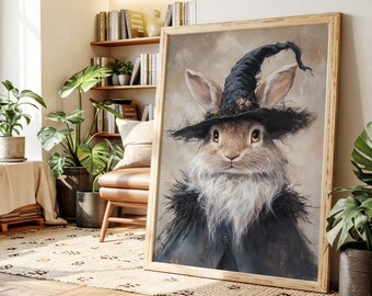 Witch Rabbit Canvas Wall Art – Spooky Cute Bunny in Pointed Hat & Cloak, Halloween Animal Portrait for Cottagecore Gothic Decor