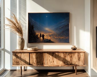 May include: A wooden cabinet with four doors and a framed painting depicting a nighttime scene with figures and a bright light. A vase with tall, dried plants and decorative bowls sit on top of the cabinet. The room has a neutral color palette.