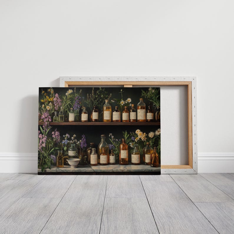 May include: A wooden shelf with two tiers filled with glass bottles containing various liquids. The bottles are labelled with handwritten text. The shelf is surrounded by green plants and flowers.