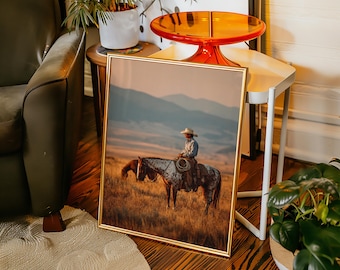 Lienzo de vaquero para pared, impresión de jinete del oeste, obra de vaquero de rancho rústico, decoración de caballos de granja campestre, lienzo de pared occidental