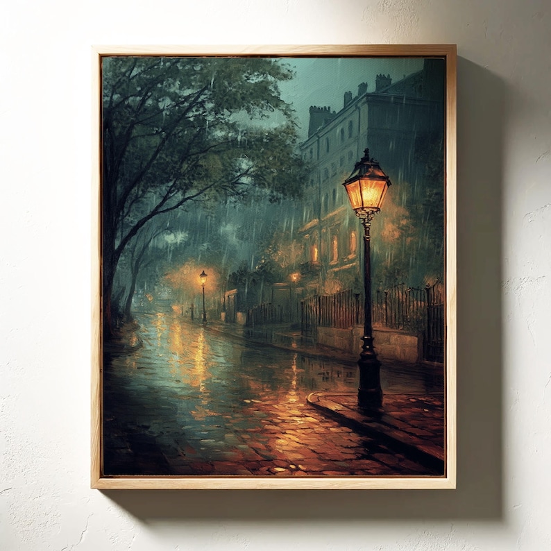 Rainy Night Street Scene - Atmospheric Oil Painting, Glowing Lamplights ...