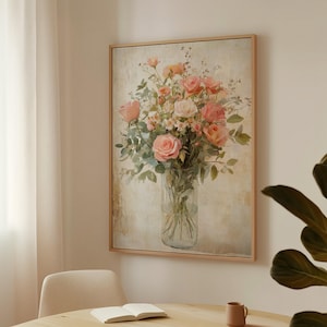 Romantic Vintage Floral Canvas, Pink Roses in Glass Vase, Cottagecore Botanical Wall Art, Shabby Chic Flower Painting