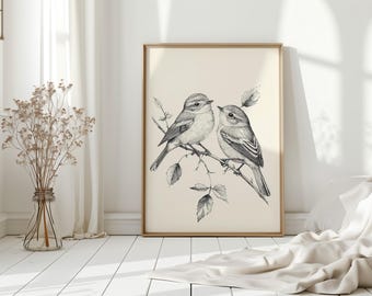 ヴィンテージの鳥の線画 - 枝に止まる2羽の鳥を描いたボタニカルインク