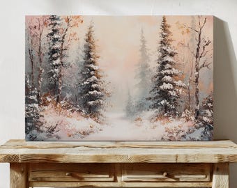 Puede incluir: Una pintura que representa una escena de bosque nevado con altos árboles de hoja perenne y un camino que conduce a la distancia. Los árboles están cubiertos de nieve y el cielo es de un rosa y naranja suave.