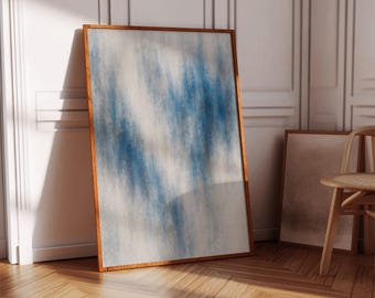 Moderne abstracte blauw-witte canvaskunst met zachte verticale penseelstreken voor minimalistische, kust- of neutrale muurdecoraties