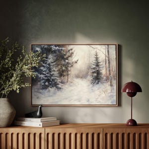 Winter Forest Path Canvas Wall Art | Peaceful Snowy Landscape Painting | Cozy Woodland Winter Scene Print for Rustic Cabin or Home