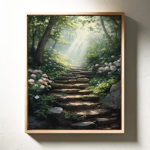 May include: A painting of a stone staircase leading up through a lush green forest. The steps are surrounded by green foliage and pink flowers. Sunlight streams through the trees, creating a warm and inviting atmosphere.