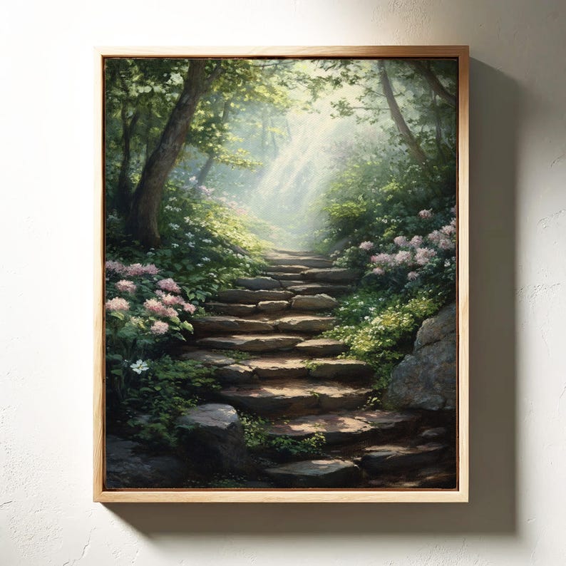 May include: A painting of a stone staircase leading up through a lush green forest. The steps are surrounded by green foliage and pink flowers. Sunlight streams through the trees, creating a warm and inviting atmosphere.