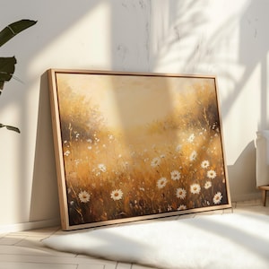 Golden Wildflower Canvas, Vintage Daisy Meadow Wall Art, Rustic Floral Landscape Print, Cottagecore Botanical Nature Decor