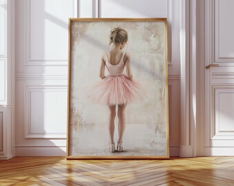 Vintage Ballerina Canvas Wall Art of Girl in Pink Tutu | Neutral Ballet Nursery Decor | Soft Pastel Dance Poster for Girls Bedroom