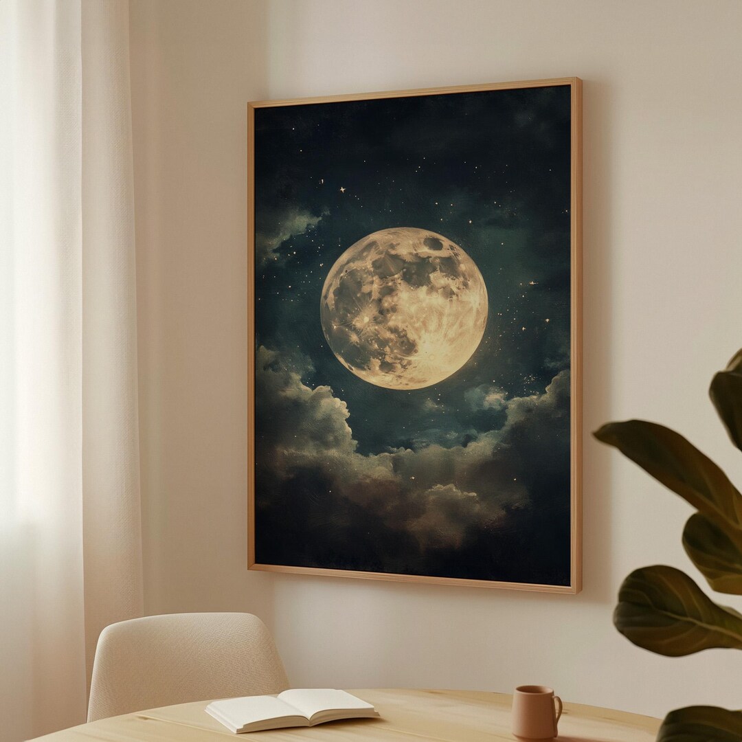 Full Moon Canvas Wall Art – Luminous Night Sky With Clouds and ...