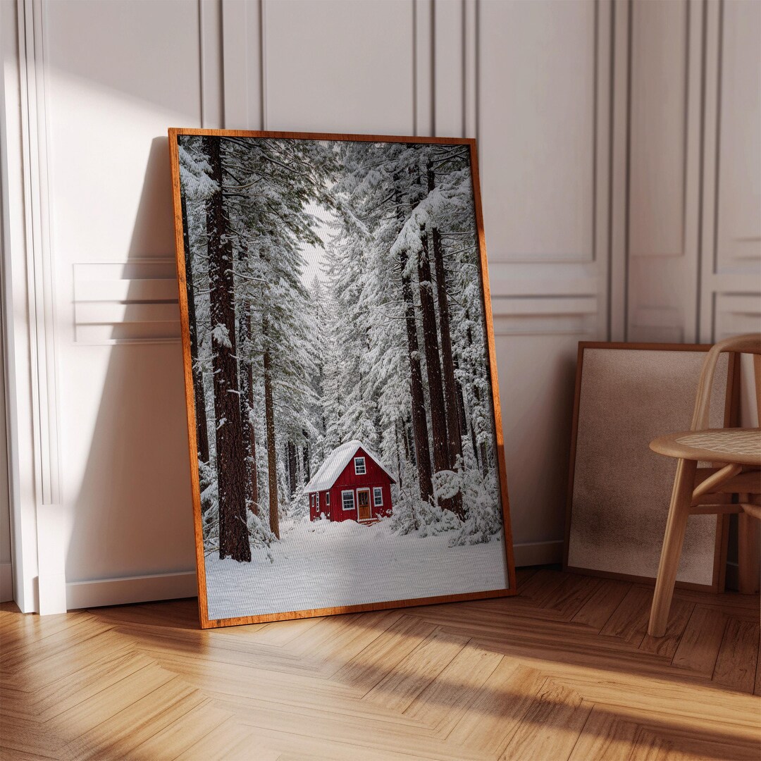 Red Cabin in Snowy Forest Canvas Wall Art, Winter Woodland Cottage ...