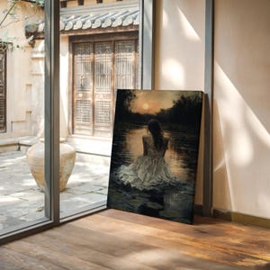 May include: A painting of a woman in a white dress sitting in a lake with lily pads. The sun is setting in the background, and the water is reflecting the light.