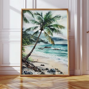 Tropical Beach Palm Tree Canvas Wall Art, Watercolor Ocean Coastal Poster, Relaxing Seaside Wall Decor for Beach House or Vacation Vibes