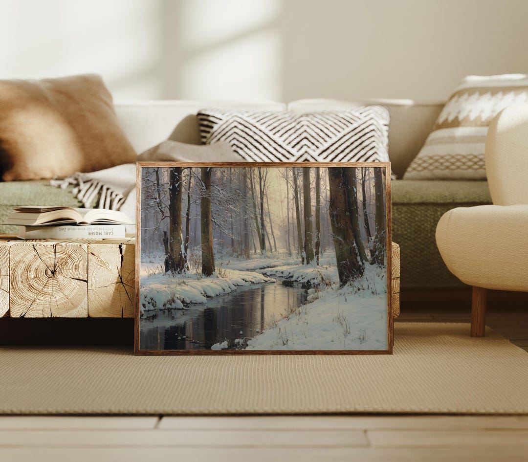 Winter Forest Stream Canvas Wall Art, Snowy Woodland Landscape Painting ...