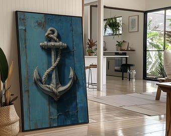 Nautical Anchor Canvas Wall Art | Coastal Rope Anchor Painting | Rustic Beach House Decor | Blue Maritime Wall Art