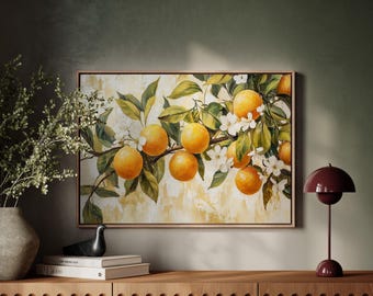Apelsinträd på canvastavla, vintage citrusmålning, rustik köksinredning, medelhavsfrukttryck, bondgårdsbotanisk poster