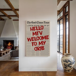 Póster divertido de MTV / Hola MTV, bienvenido a mi cuna, arte de pared / Impresión tipográfica estilo periódico atrevida para dormitorios o decoración urbana