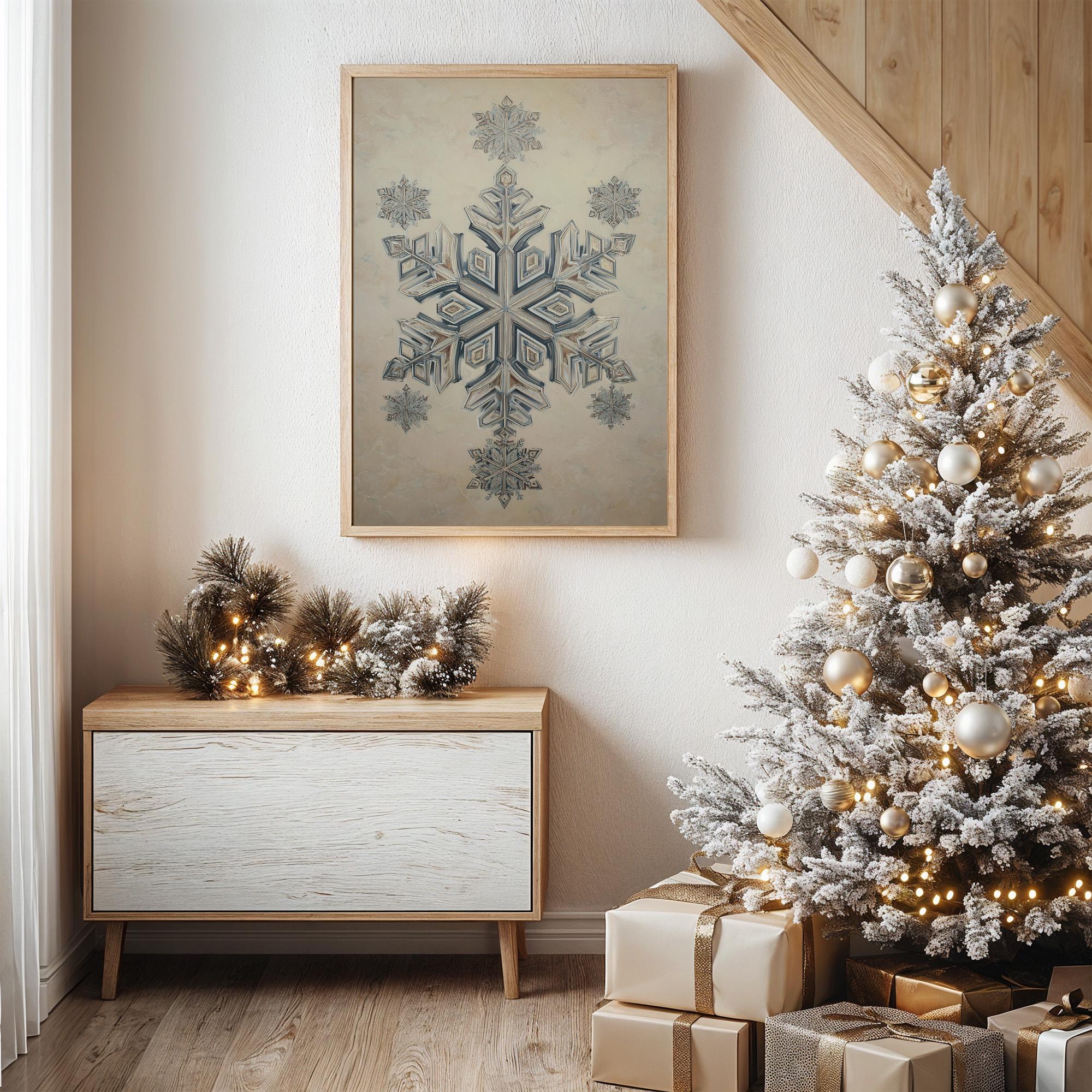Impression D'art Mural Hiver : Flocons De Neige Et Motifs Botaniques Symétriques - Neuf