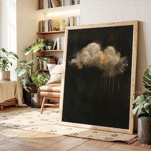 Minimalist Gold Cloud Canvas – Moody Abstract Sky Painting in Black and Gold for Modern Wall Decor