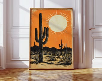 Desert Cactus Wall Art Print, Retro Southwestern Landscape Poster, Saguaro Cactus Sun Illustration, Vintage Western Decor for Home