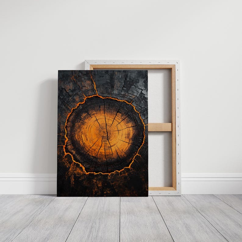 Fiery Tree Ring Wall Art Bold Textured Wood Grain Print in Deep
