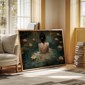 Elegant Water Lily Pond Canvas - Woman in Lace Dress - Romantic Floral Wall Art for Peaceful Home Decor