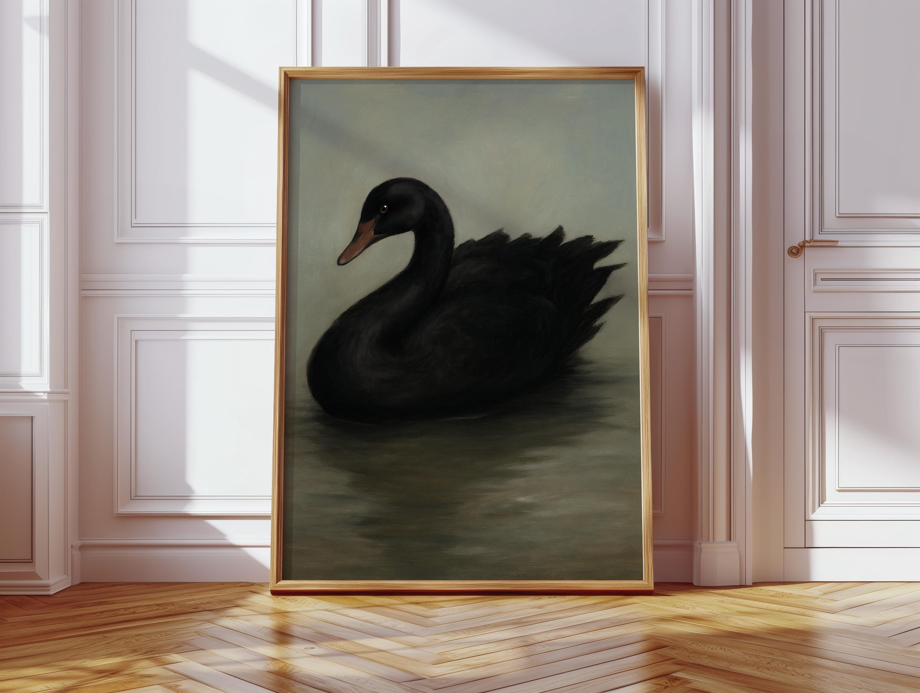 Elegant Black Swan Canvas Wall Art – Vintage Style Animal Painting for ...