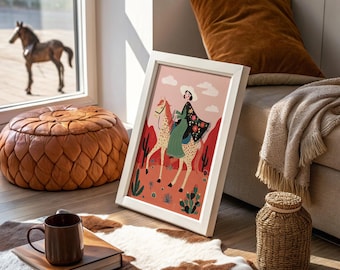 Dipinto di arte popolare con cavalcata nel deserto di una cowgirl