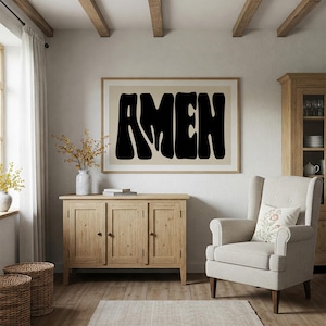 Djärv retro typografisk konst med "AMEN" | Svart text på brun bakgrund kristen väggdekoration