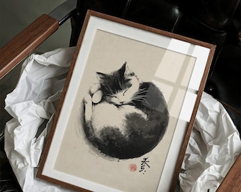 眠っている猫の水墨画、日本の墨絵風ウォールアート、ミニマリストの禅