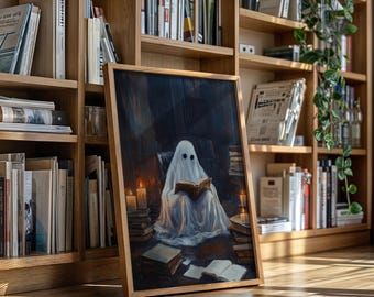 Lienzo con fantasmas leyendo a la luz de las velas / Impresión de biblioteca gótica caprichosa / Decoración de pared acogedora y espeluznante para amantes de los libros para Halloween o todo el año