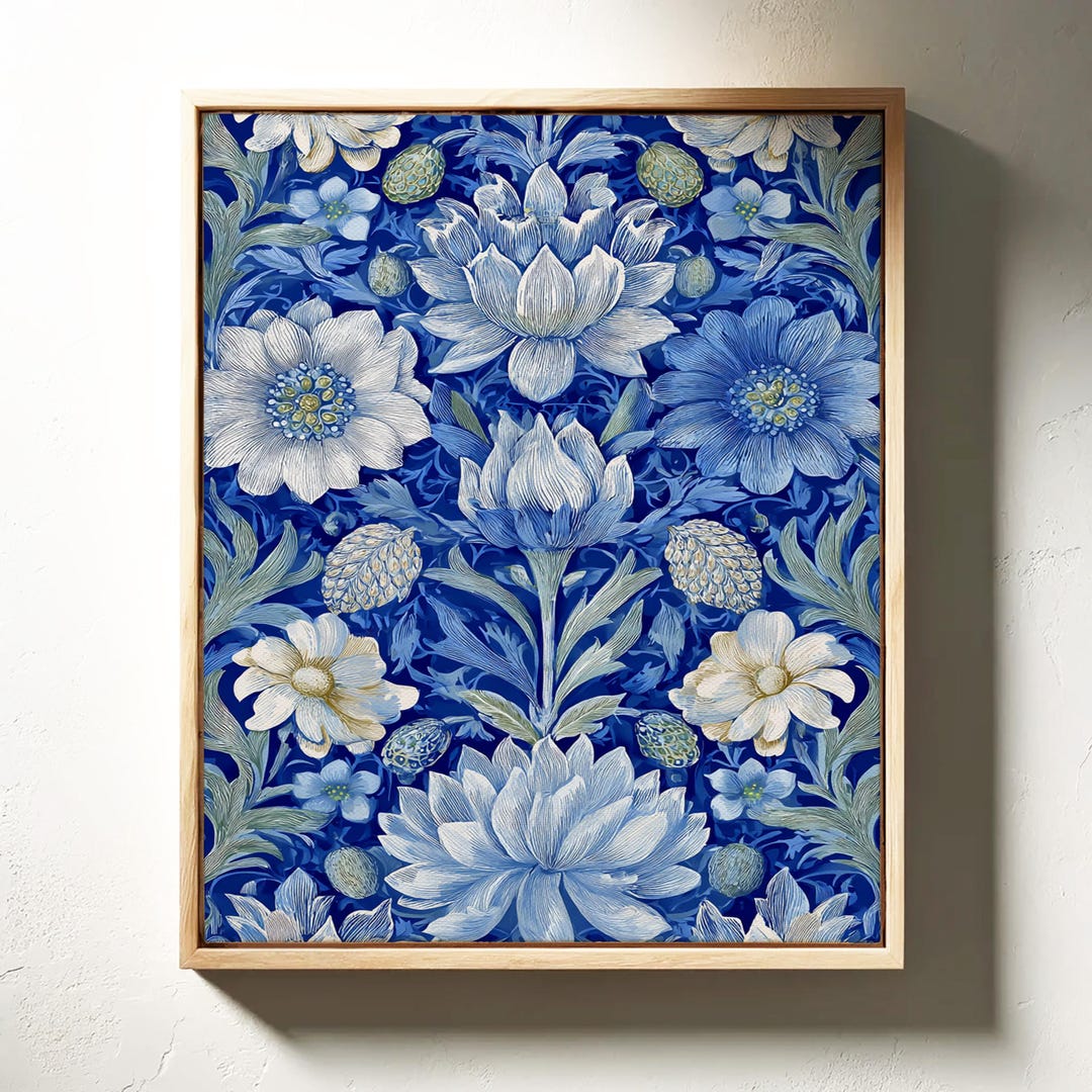Blue Botanical Floral Canvas | Vintage Pattern Wall Art - Etsy