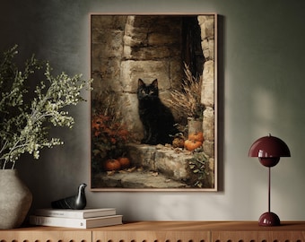 Black Cat with Pumpkins | Rustic Autumn Halloween Canvas