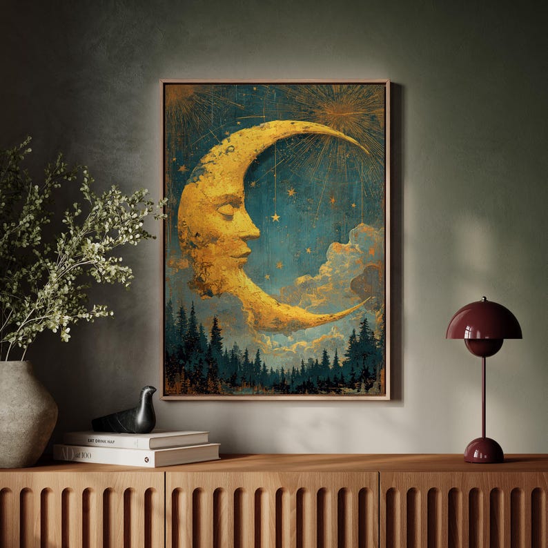 Celestial Crescent Moon Face Art Print, Mystical Starry Sky Wall Decor ...